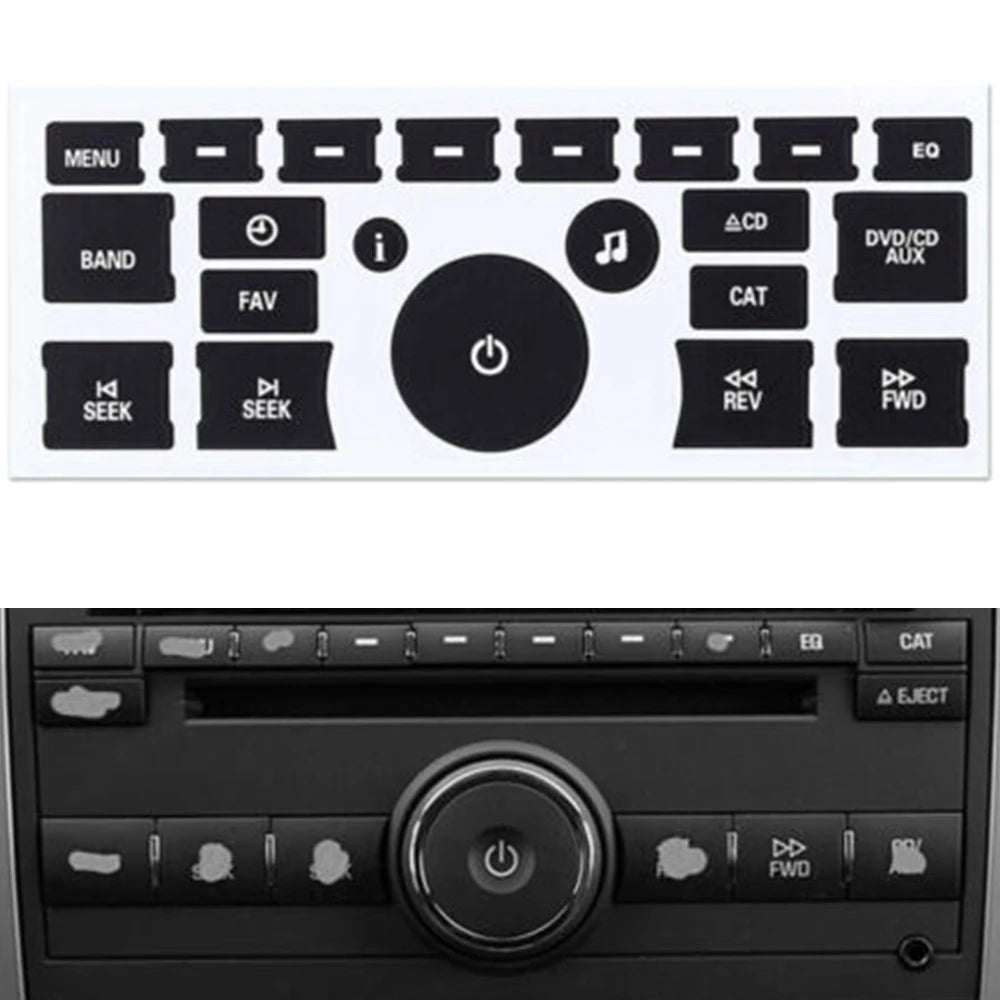 A close-up view of an AC dash button repair kit decal sticker for Buick, Chevy, and GMC trucks and SUVs.