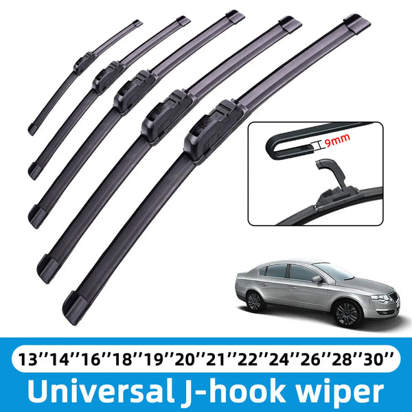A set of universal J-hook wiper blades in black for front windshield replacement.