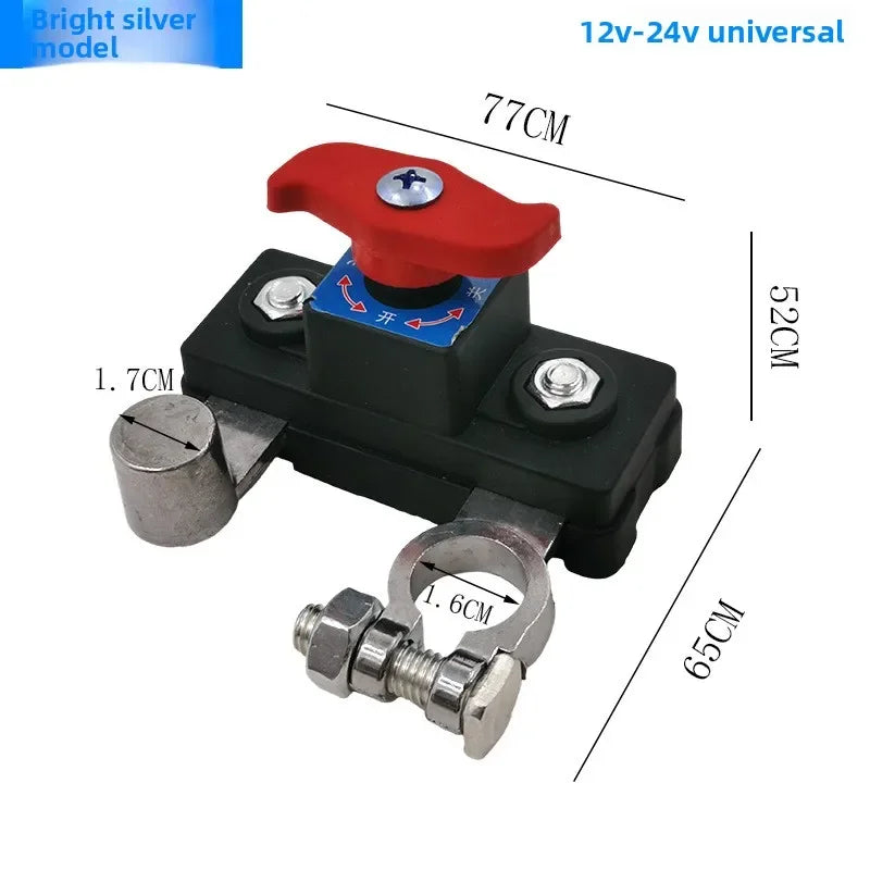 A bright silver 12v-24v universal car battery cut-off switch with a red handle and mounting hardware.