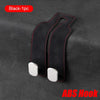 Black ABS hook for car seat back storage, featuring a suede-like strap and silver attachment.