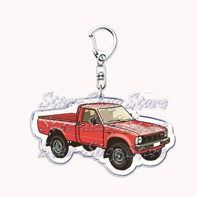 A red off-road truck model acrylic keychain with a silver split ring.