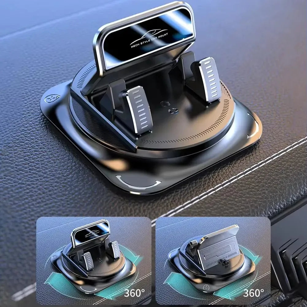 Support de téléphone pour voiture rotatif noir à 360 degrés avec support argenté, vu sous différents angles.