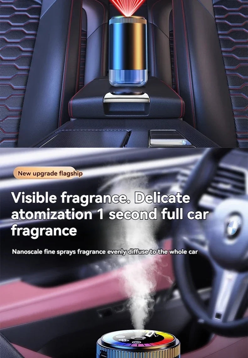 Close-up of a multi-scent rechargeable air freshener diffusing fragrance into a car interior.