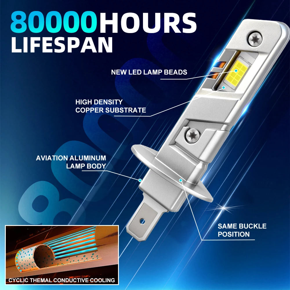 A silver aviation aluminum lamp body with new LED lamp beads and a buckle, highlighting its 80,000 hours lifespan.