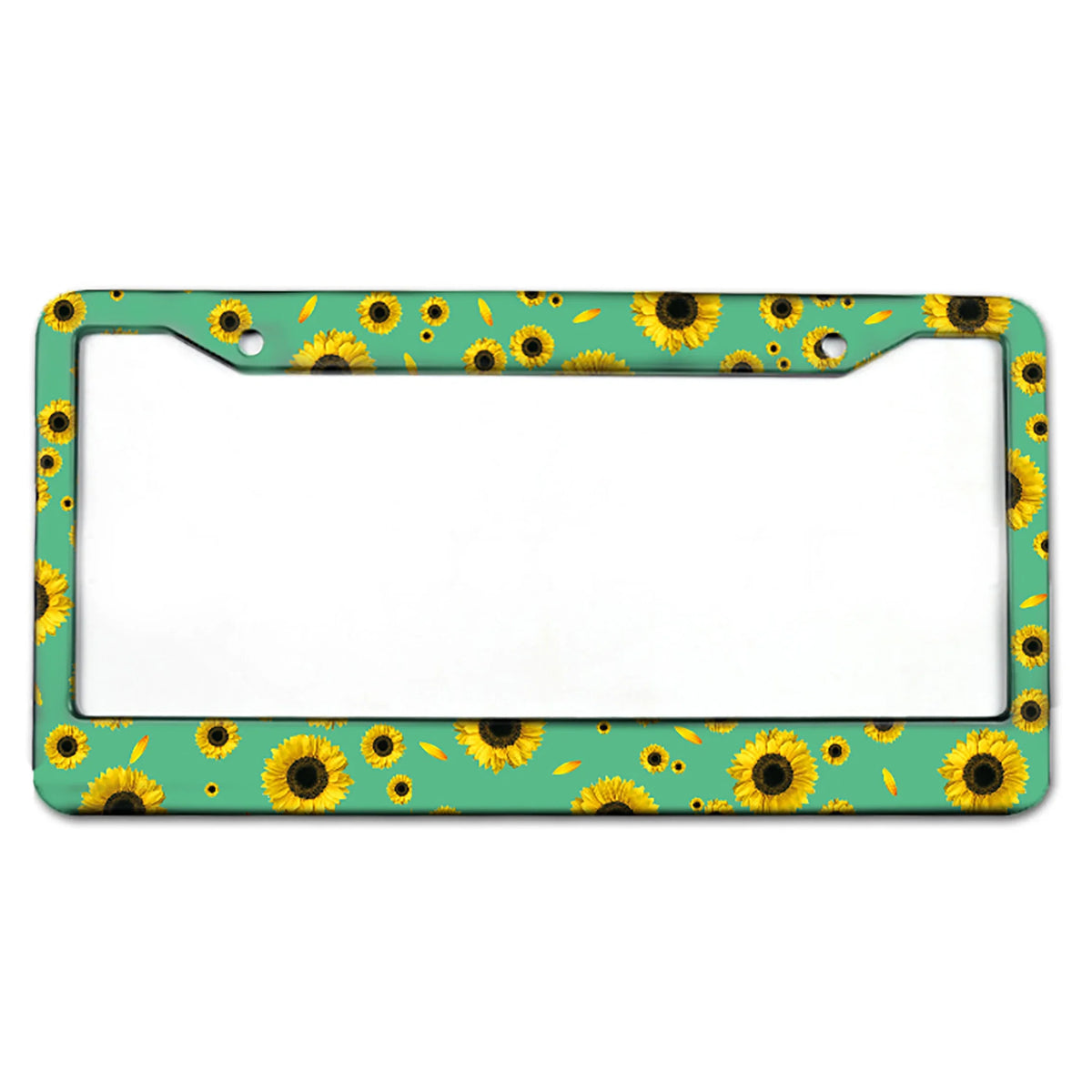 A rectangular aluminum license plate frame with a green background and yellow sunflower pattern.