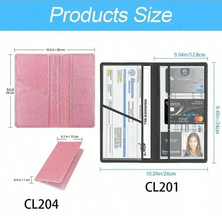 Pink leather document holder with car registration and insurance papers
