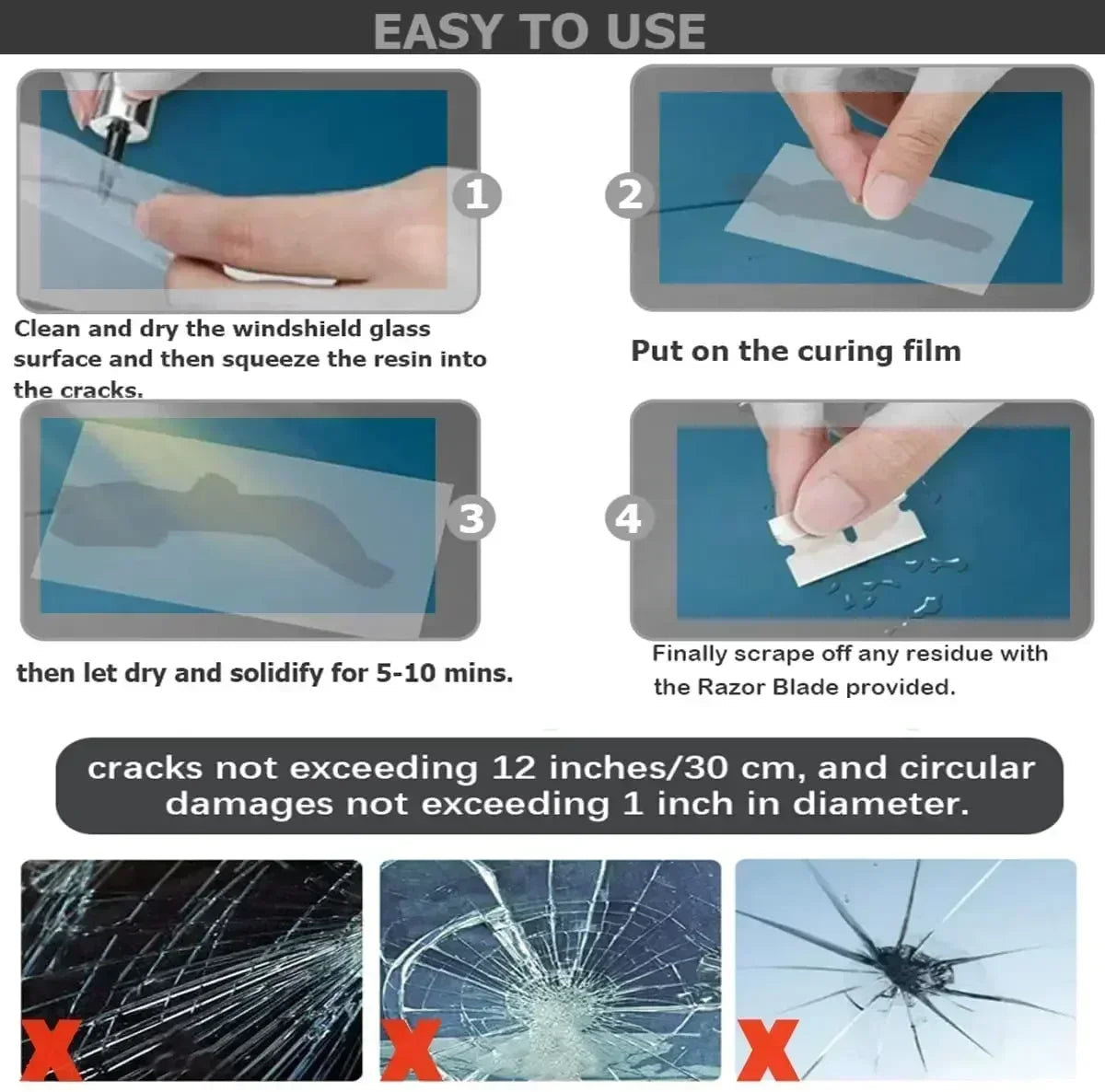 Diagram showing the four steps to use a professional windshield repair kit for cracks and chips.
