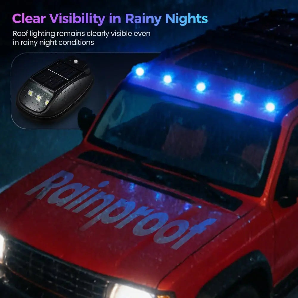 Close-up of a red truck roof with blue LED lights visible, demonstrating clear visibility in rainy night conditions.