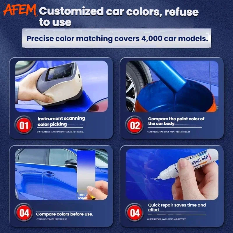 A set of tools and a paint touch-up pen kit for matching car colors.