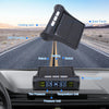 A portable tire pressure monitoring system is shown mounted on a vehicle, with components like a solar panel and battery powe