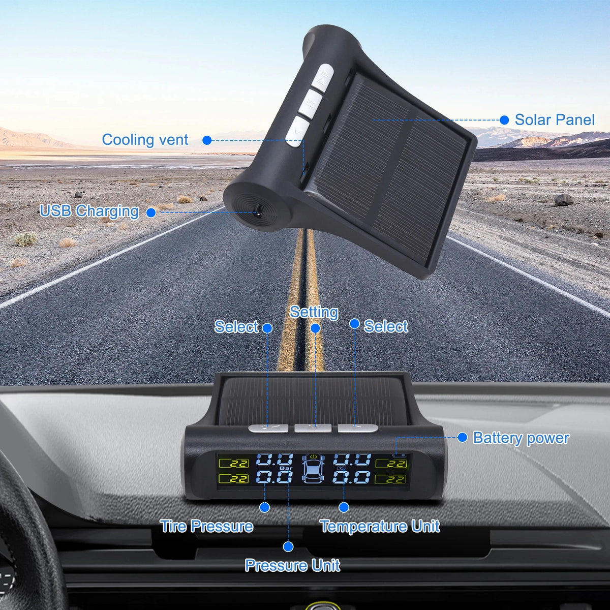 A portable tire pressure monitoring system is shown mounted on a vehicle, with components like a solar panel and battery powe