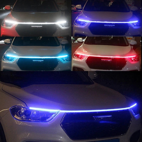 لقطة مقربة لغطاء سيارة أبيض به مصابيح نهار زرقاء LED.