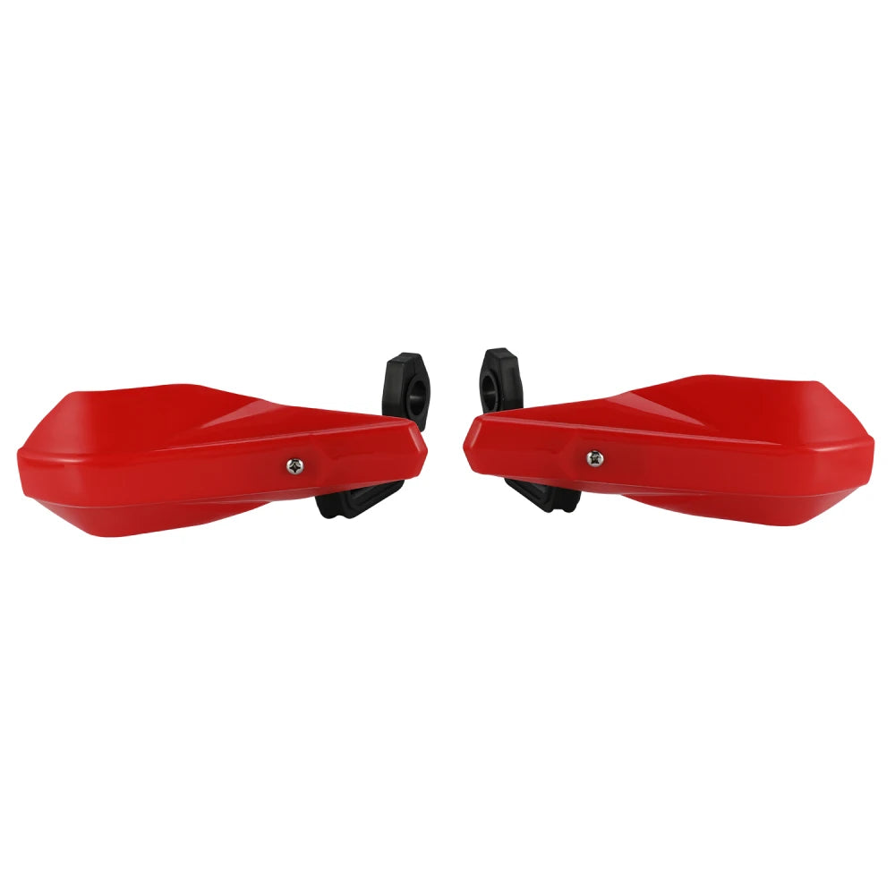 A pair of red universal motorcycle handguards and brush protectors.
