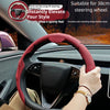 A person is holding a red steering wheel cover on a car steering wheel, demonstrating its fit and style.