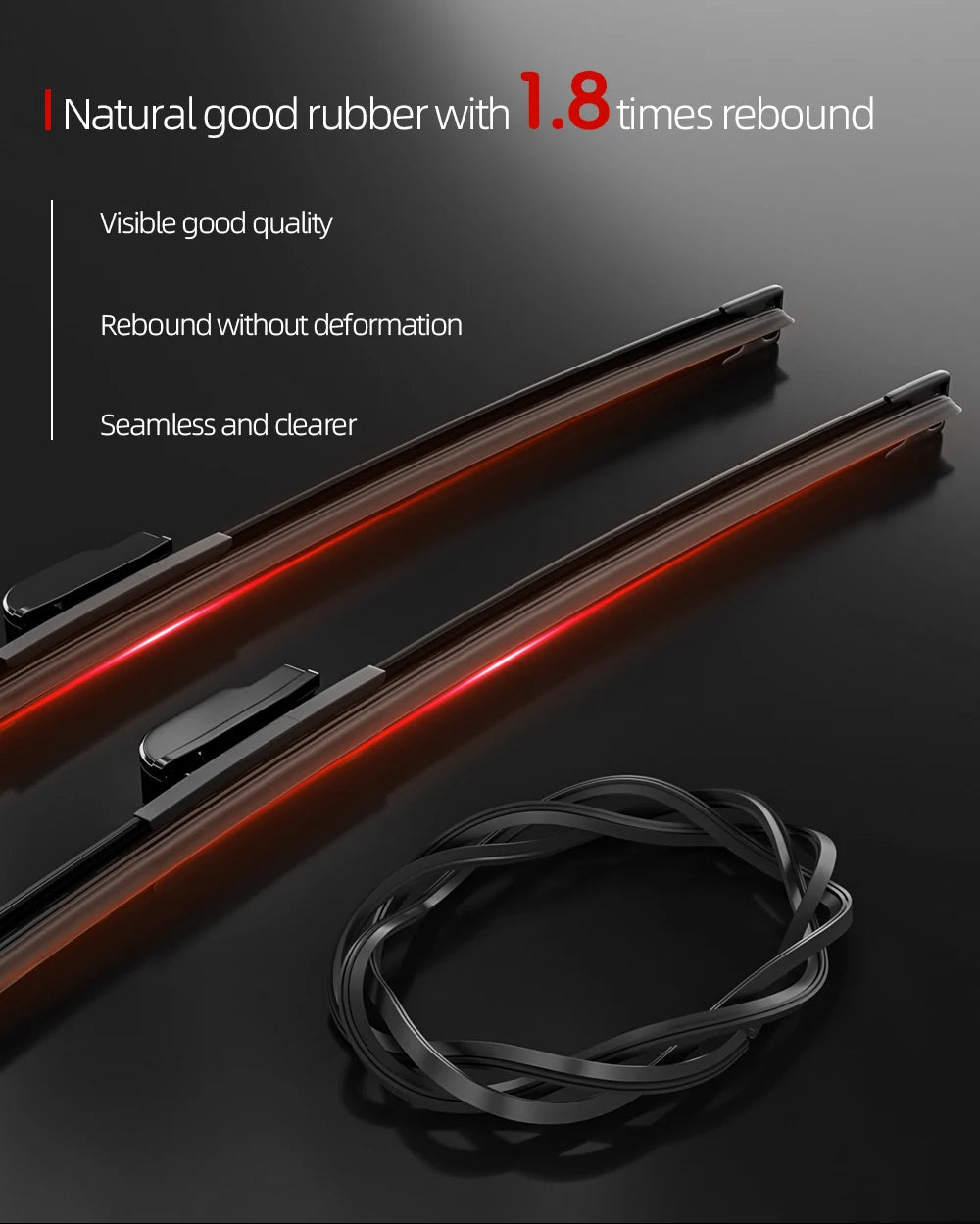 A set of natural rubber windshield wiper blades and a coiled rubber blade are displayed on a dark surface.