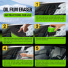 Instructions pour utiliser un produit effaceur film d'huile, montrant les étapes pour nettoyer du verre.