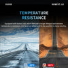 A dash cam is shown in two contexts: driving on a snowy road and climbing a desert path, highlighting temperature resistance.