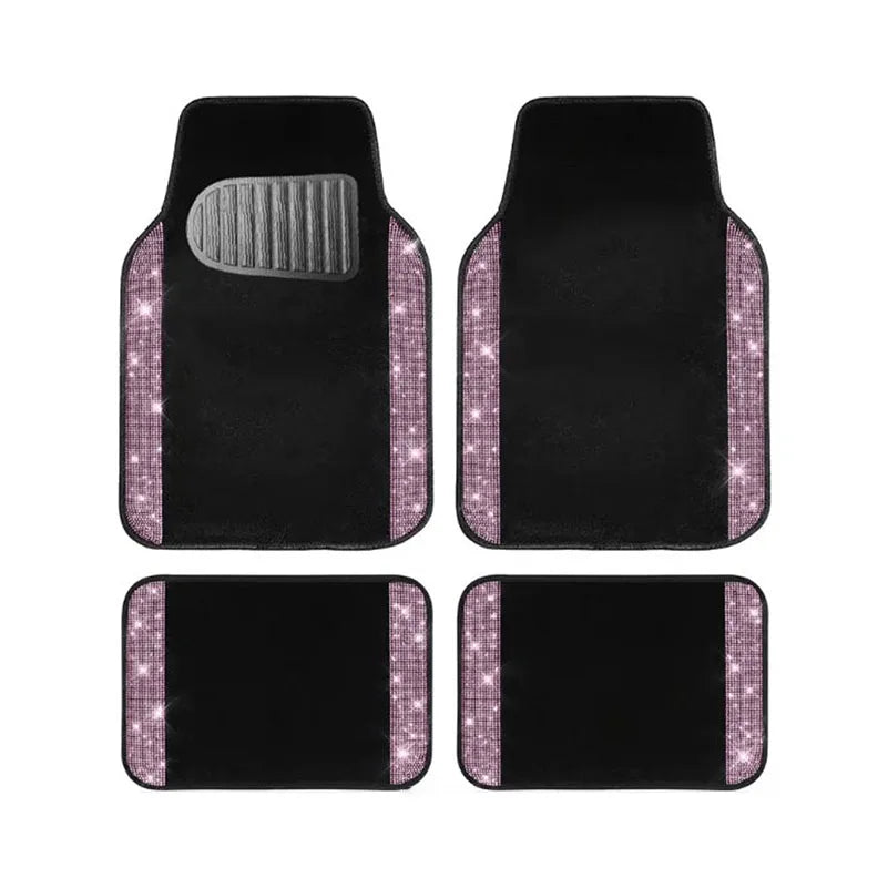 A set of four sparkling diamond car floor mats in black with pink glitter accents.