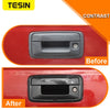 Before and after comparison of a tailgate handle trim cover for Chevrolet Colorado, Silverado, GMC Sierra & Canyon vehicles