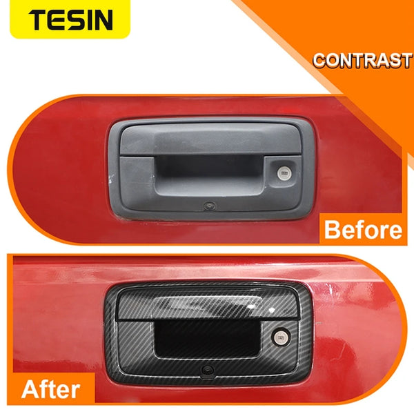 Before and after comparison of a tailgate handle trim cover for Chevrolet Colorado, Silverado, GMC Sierra & Canyon vehicles