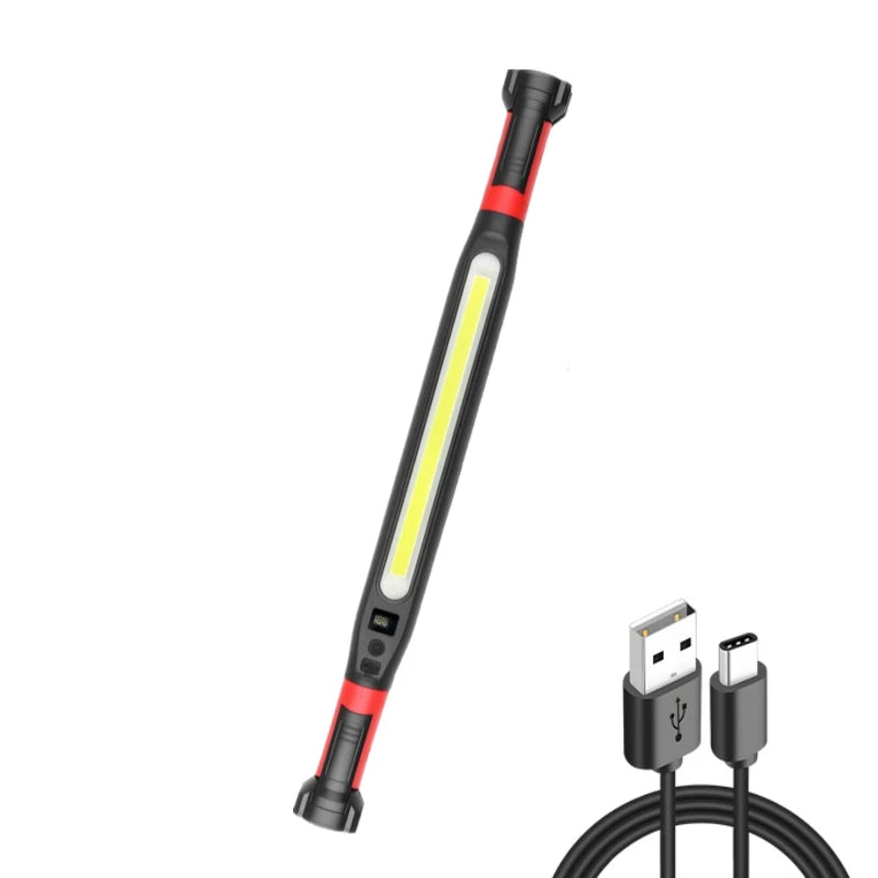 A long, black and red magnetic rechargeable work light with a bright LED illumination head.