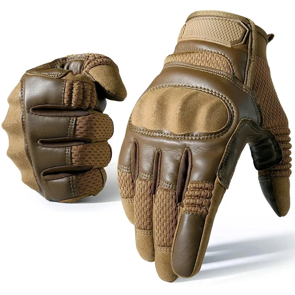 A pair of tactical hard-shell gloves in olive green leather with textured grip and stitching.