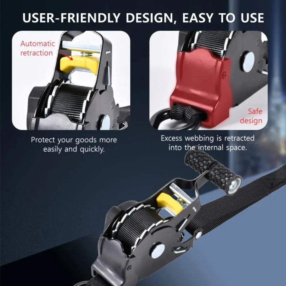 Close-up view of a heavy duty automatic retractable ratchet strap with a red and black design showing its safe and easy use f