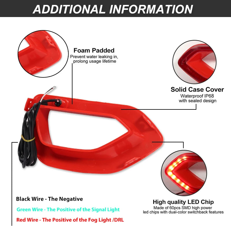 Red switchback LED grill lights with foam padding and wired connections for a vehicle.