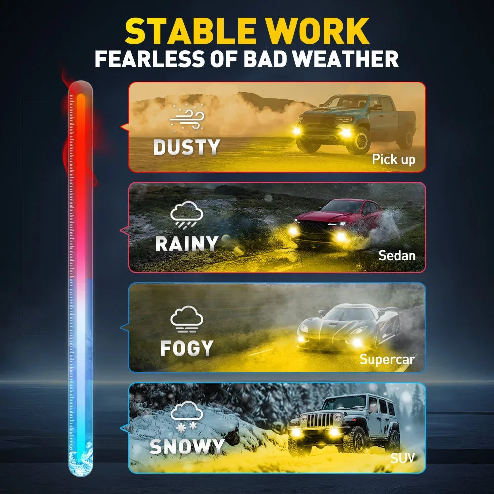 A product image showing various vehicle types (pickup, sedan, supercar, SUV) illuminated by LED fog lights in different weath