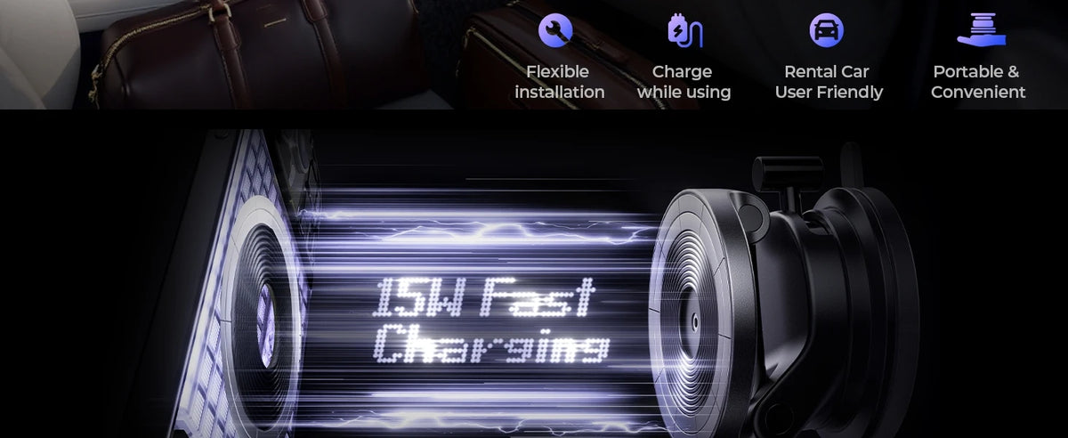 A close-up view of a portable wireless charger with a suction mount, showing a display indicating 15W fast charging.