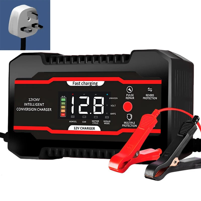 A black intelligent conversion charger for automotive batteries with a red fast charging indicator and attached cables.