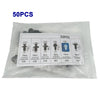A plastic trim and rivet removal tool kit containing 50 pieces of various sized tools packaged in a clear plastic bag.