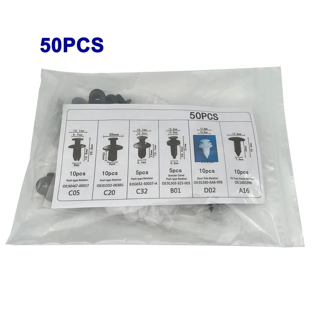 A plastic trim and rivet removal tool kit containing 50 pieces of various sized tools packaged in a clear plastic bag.