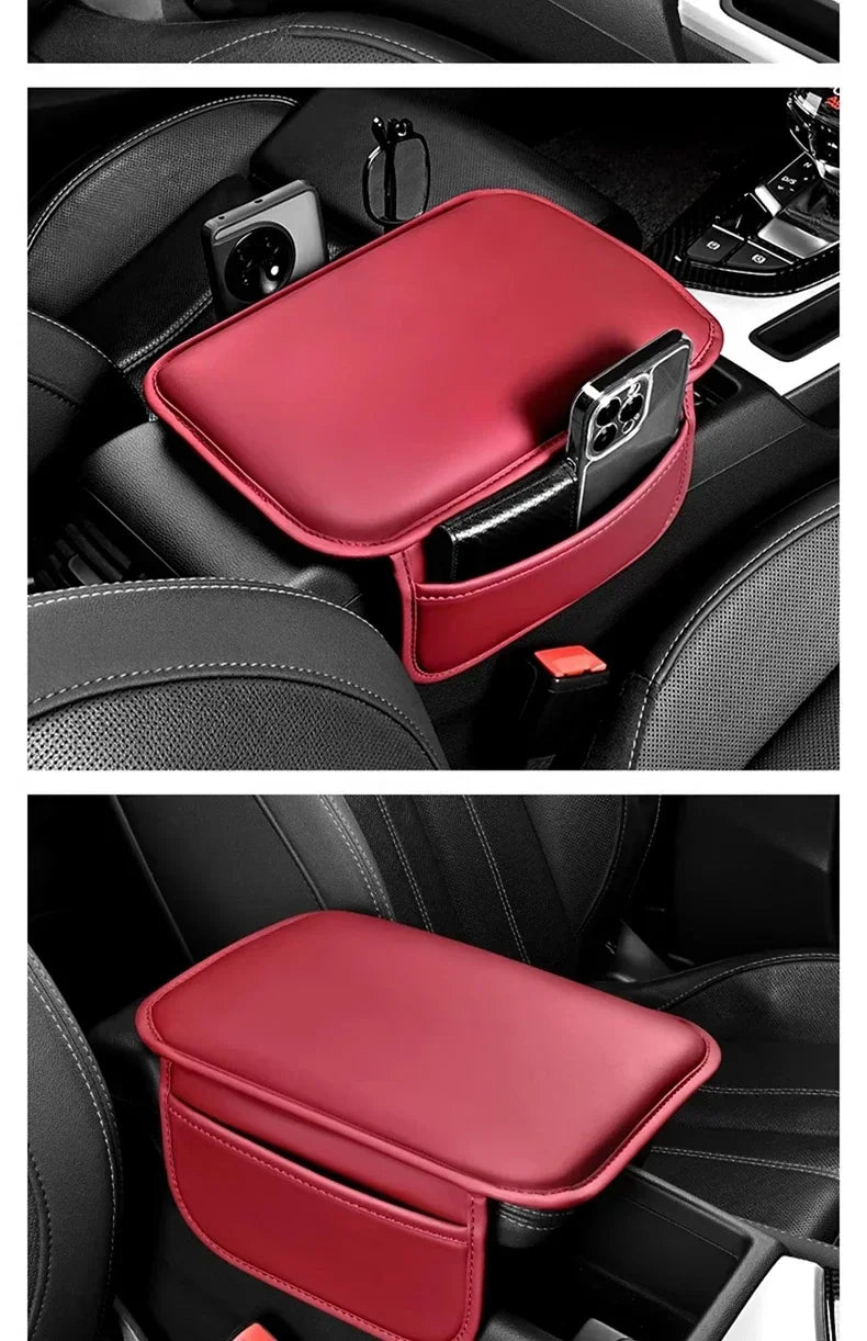 A red leather car armrest storage organizer pad is shown placed in the interior of a car.