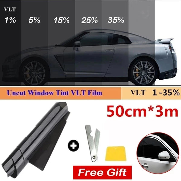 Uncut window tint VLT film for vehicle protection with a mounting kit and yellow gift.