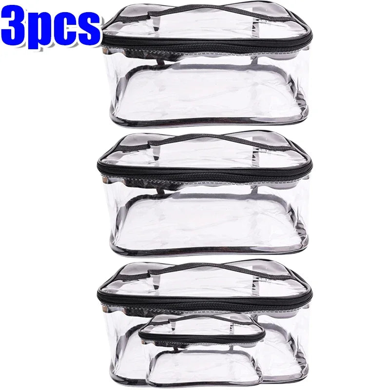 Three clear PVC storage pouches or containers stacked vertically.