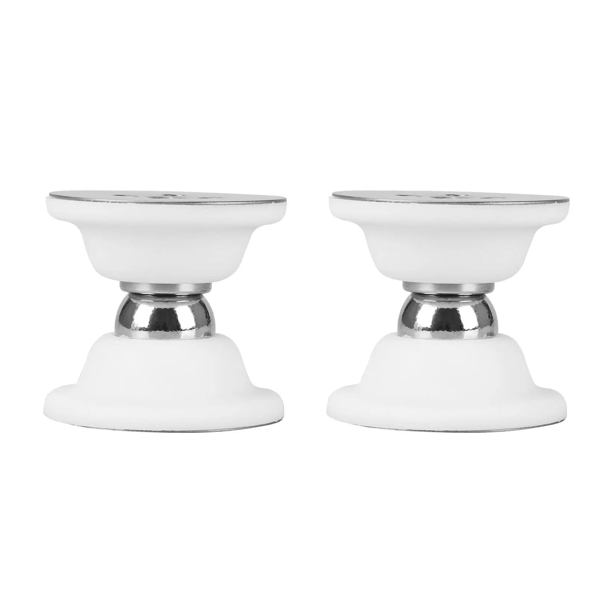 A pair of white magnetic door catches with silver hardware for RVs and trailers