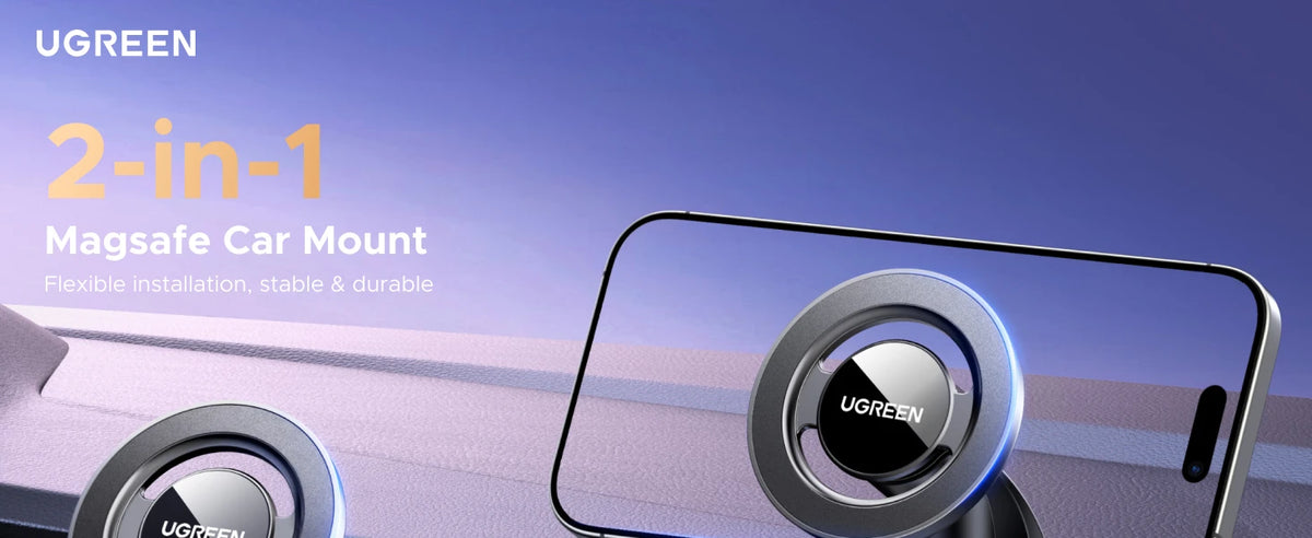 A close-up of a UGREEN 2-in-1 Magsafe car mount designed for flexible installation on a smartphone.