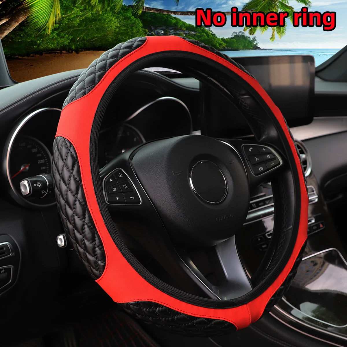 Cubierta de volante de piel sintética roja instalada en el interior de un coche.