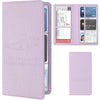 A purple faux leather car insurance and registration holder with multiple slots for documents.