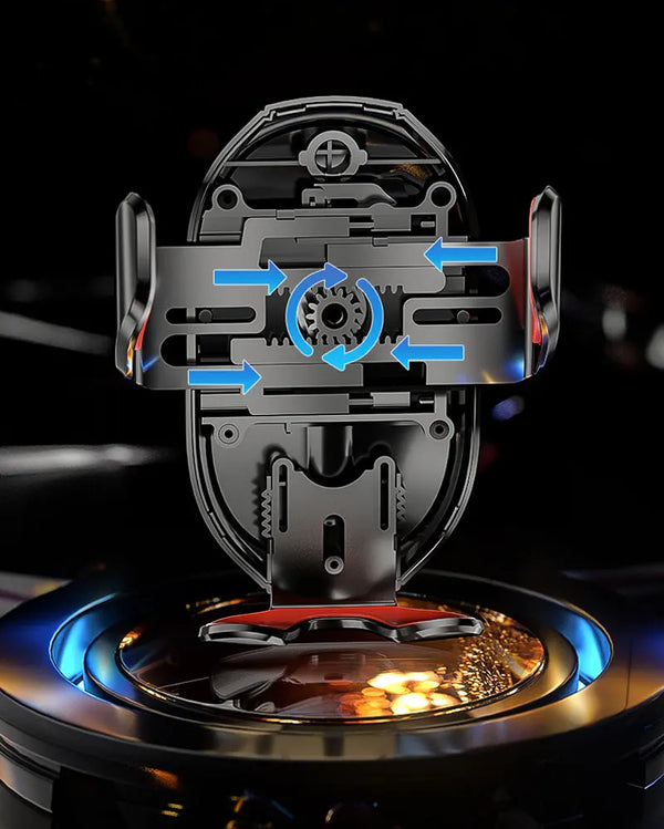 Close-up view of a magnetic wireless charging phone mount for a Hyundai Tucson, showing the mechanism and charging area.