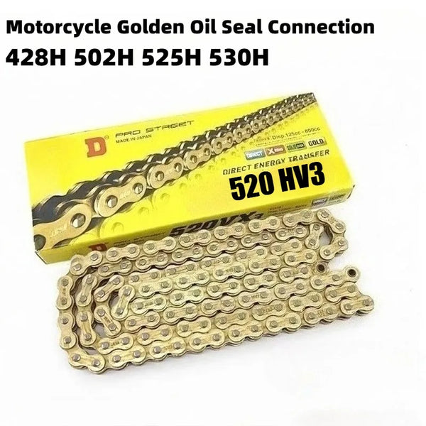 A yellow box and a length of gold motorcycle oil seal chain are shown.