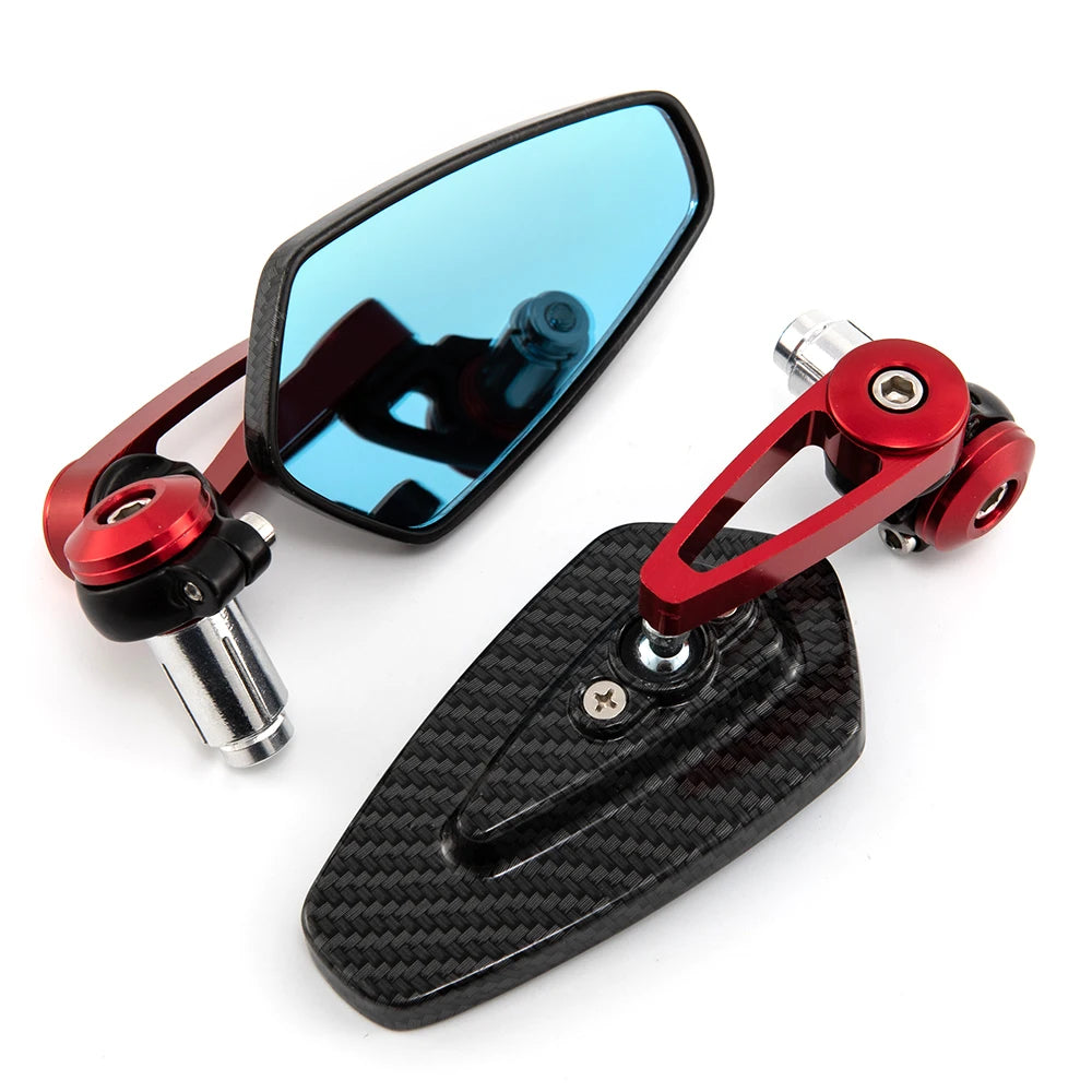 A set of aluminum handlebar side motorcycle rearview mirrors, including a mirror and mounting bracket.