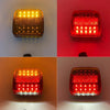 Vier Bilder von doppelten LED-Rückleuchten eines Lastwagens in Amber- und Rottönen.