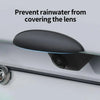 A black anti-fog waterproof rain cover is shown protecting a camera lens from rainwater.