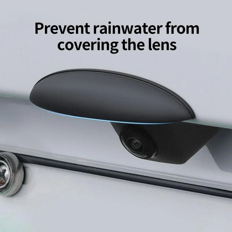 A black anti-fog waterproof rain cover is shown protecting a camera lens from rainwater.