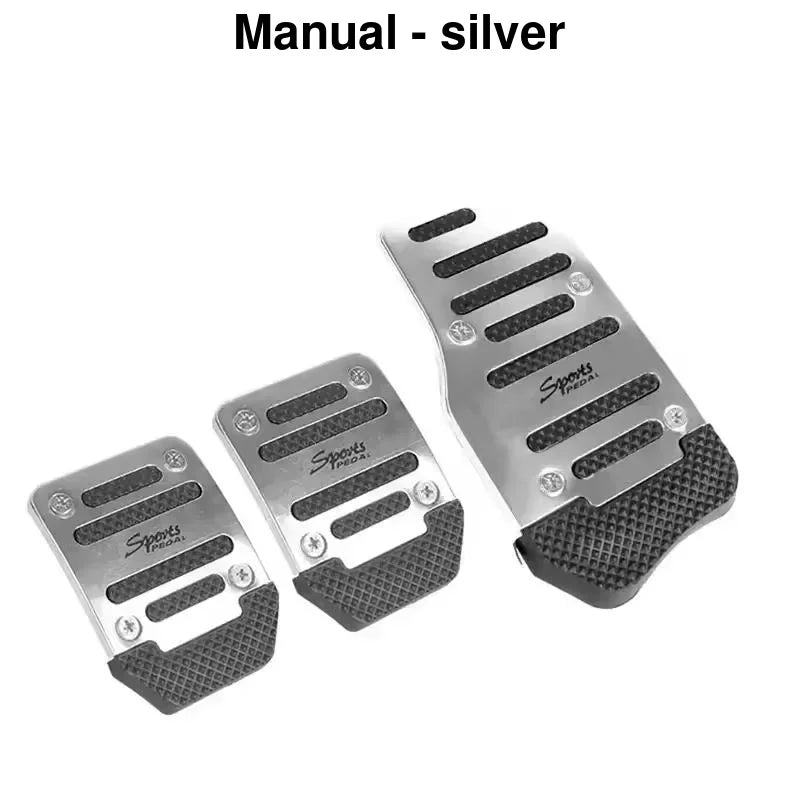 Silver sports pedal covers for a car, showing the aluminum and textured grips.