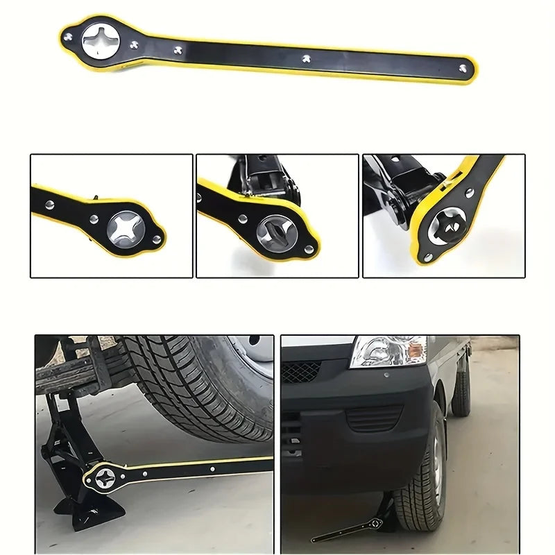 Heavy-duty ratchet wrench for tire and jack maintenance shown in various angles.