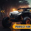 A rugged black UTV with an orange front light bar mounted, shown in various weather conditions.