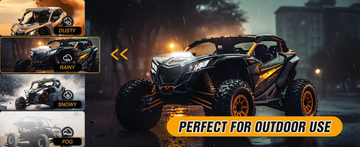 A rugged black UTV with an orange front light bar mounted, shown in various weather conditions.